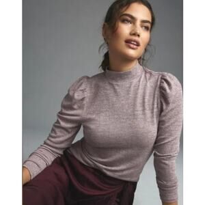 Anthropologie‎ Dolan Purple Sparkle Metallic Puff Sleeve Mockneck Top (Med)